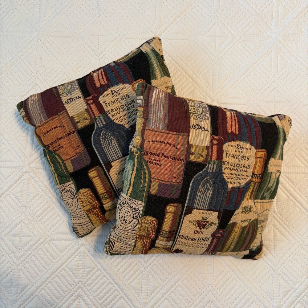Tapestry French Wine Bottle Themed Accent Pillows 12” x 12” Set Of 2
